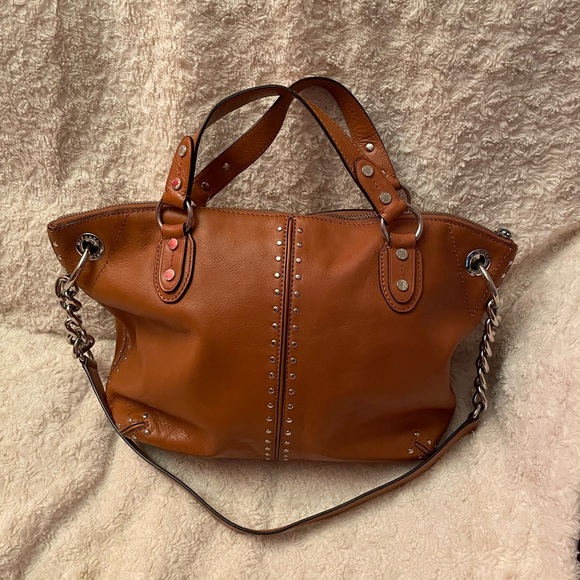 Michael Kors Uptown Astor Studded Leather Satchel/Tote 2 handles 1 Strap Camel - Picture 3 of 10